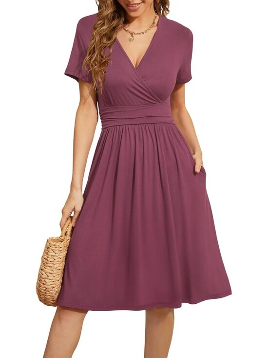 Dresses & Skirts - Women's Purple Summer Short Sleeve Casual V-Neck Floral Party Dress with Pocket